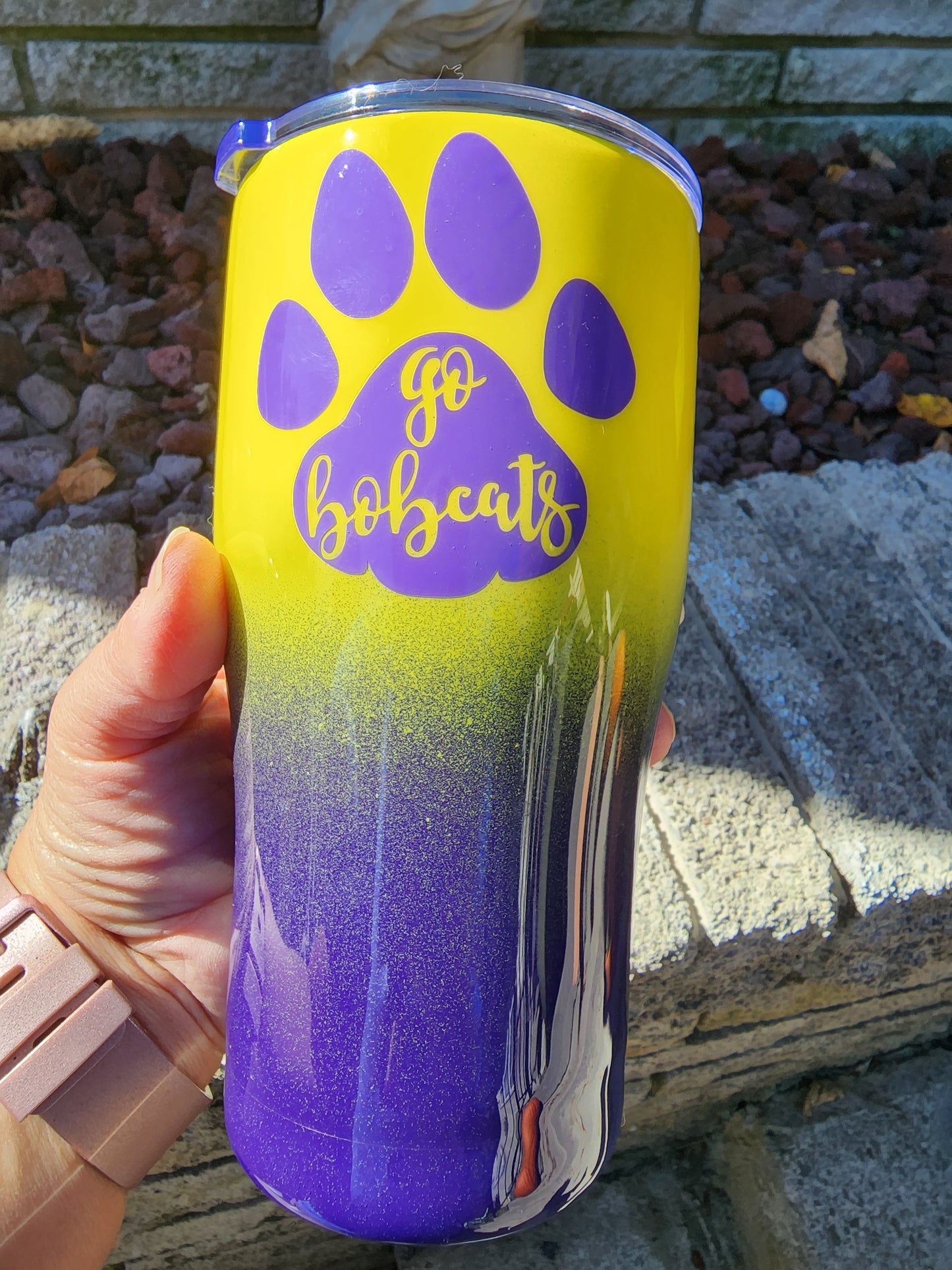 oliver springs bobcats go bobcats oliver springs football yellow purple paw print stainless steel tumbler