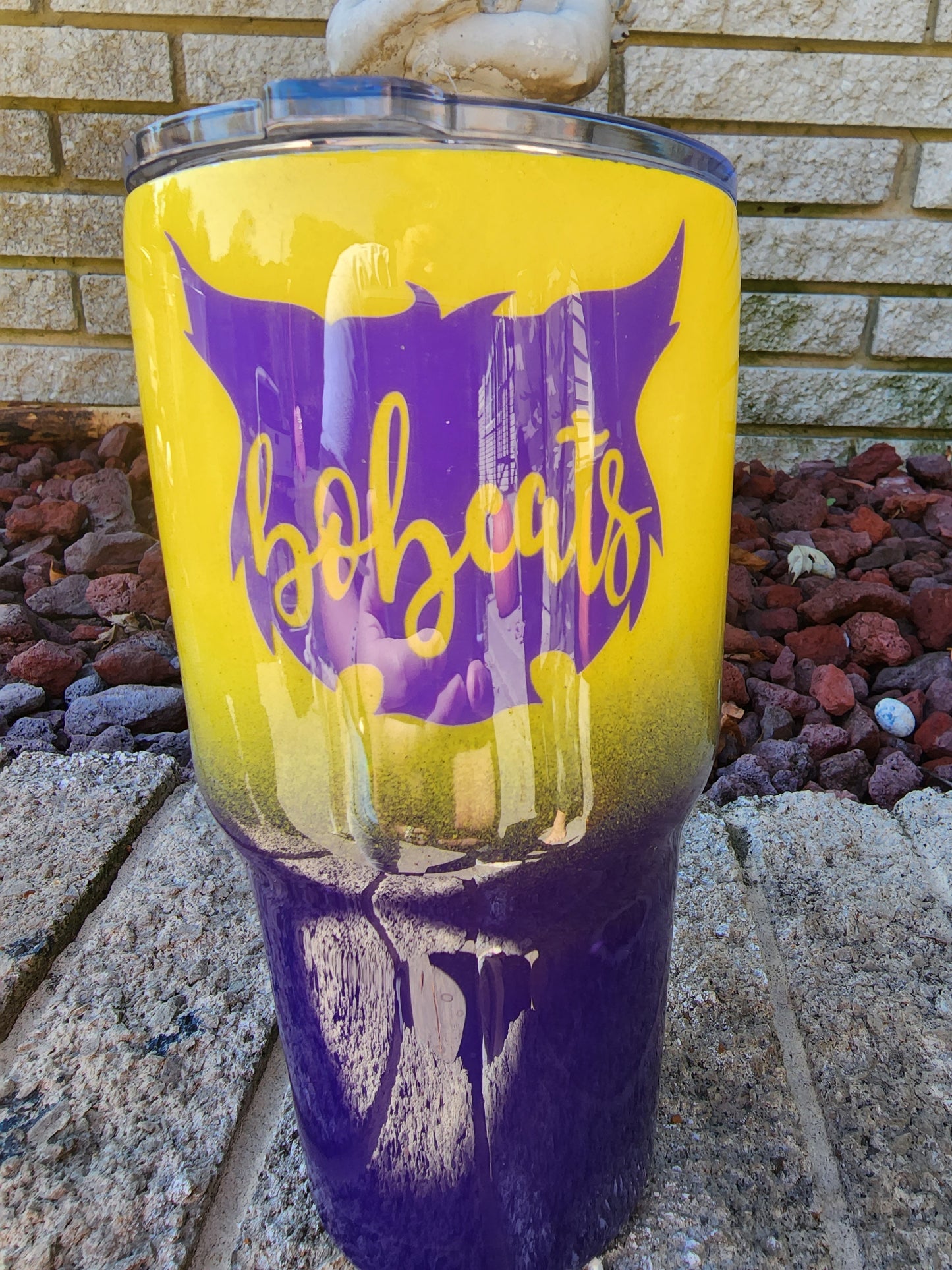 oliver springs bobcats football yellow purple stainless steel tumbler
