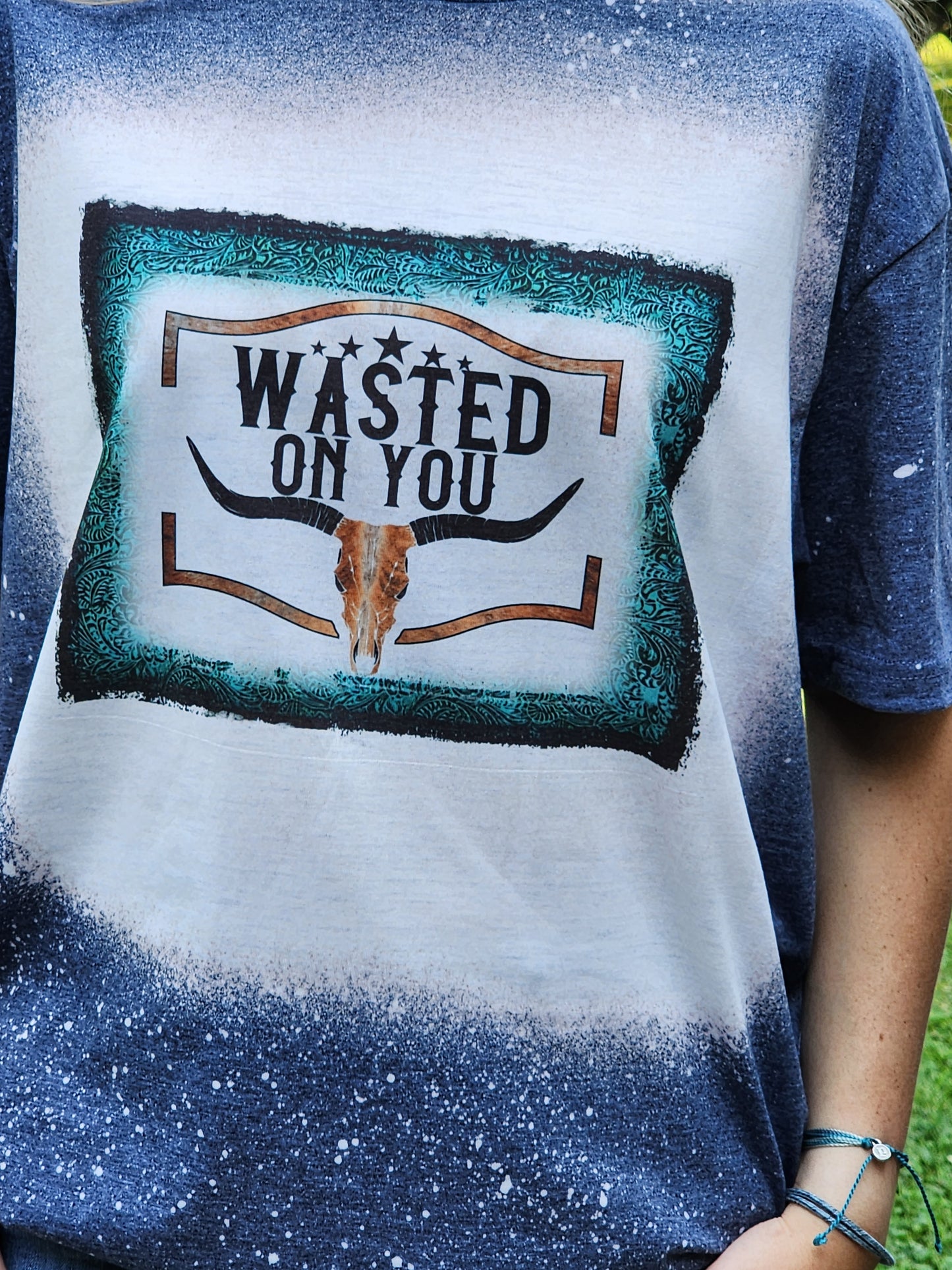 wasted on you turquoise background bull skull brown sublimation shirt
