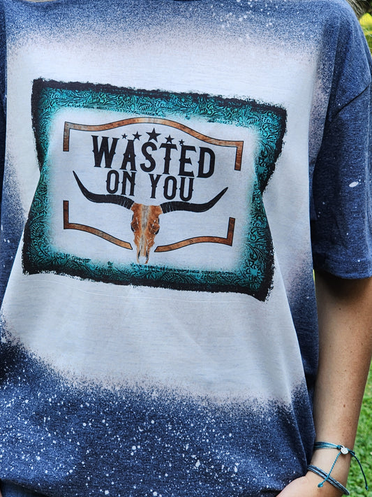 wasted on you turquoise background bull skull brown sublimation shirt