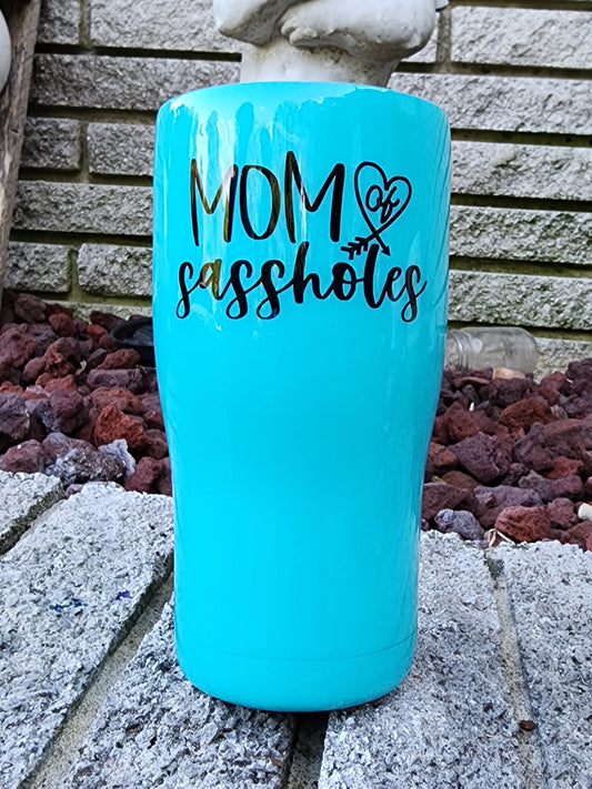 Mom of Sassholes - Messy Bun - Sunflower, Cow Print, Cheetah Print Stainless Steel Tumbler