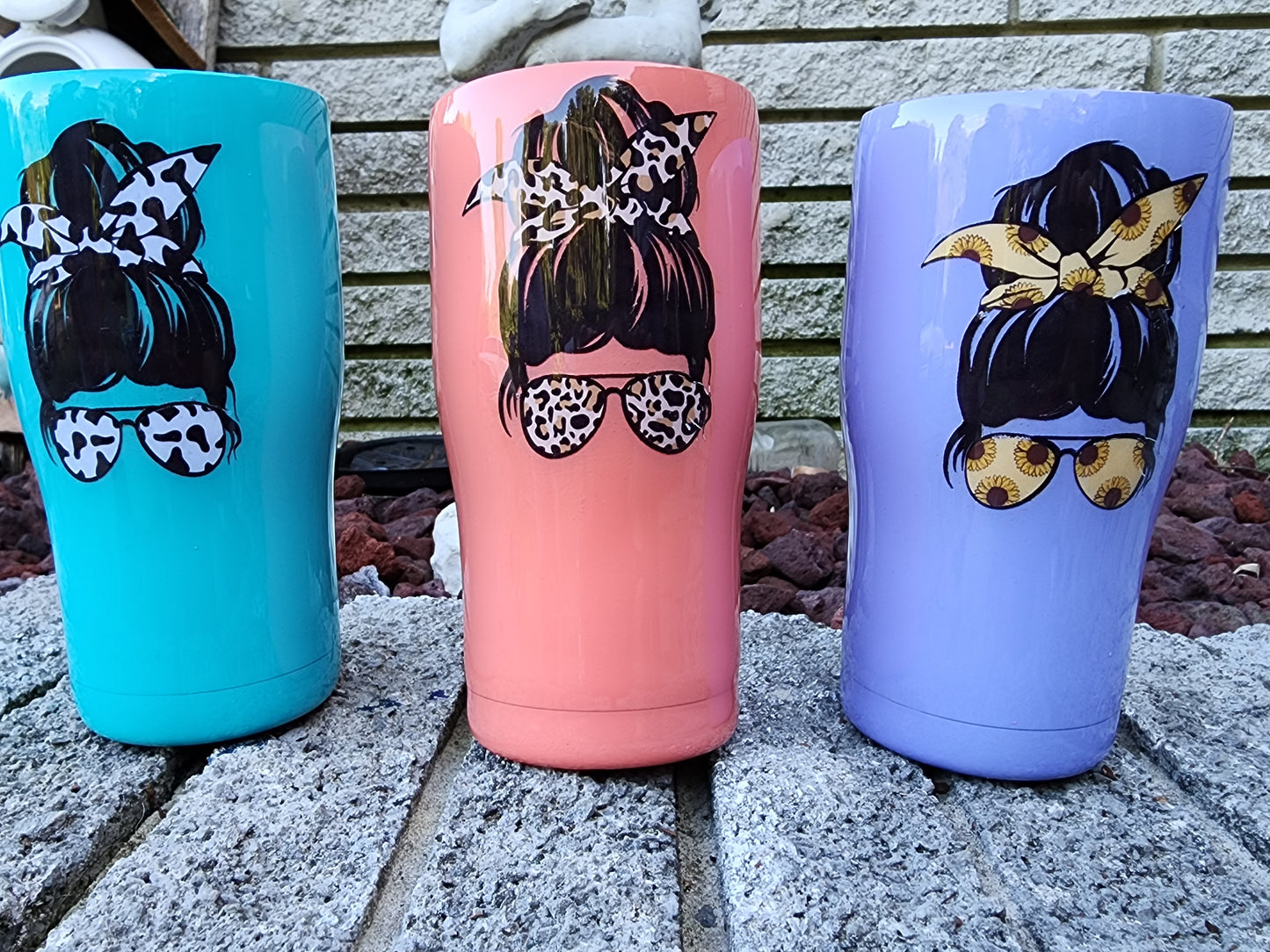 Mom of Sassholes - Messy Bun - Sunflower, Cow Print, Cheetah Print Stainless Steel Tumbler