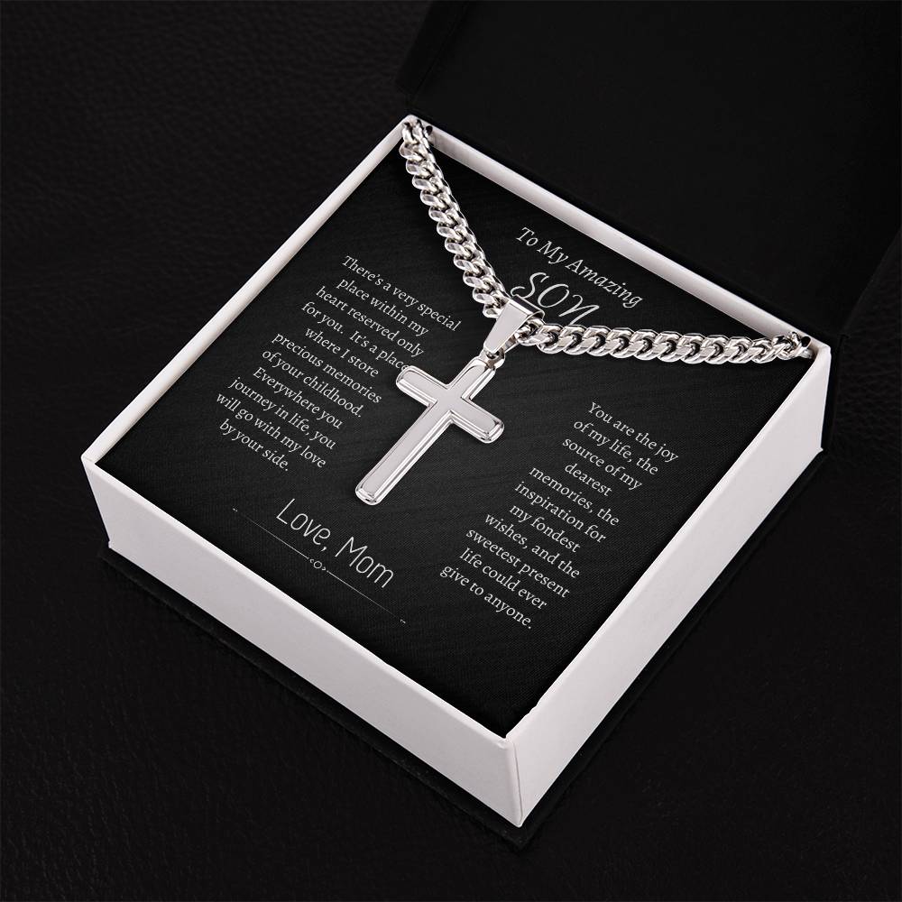 To My Son - Personalized Gift - Cuban Link Cross Necklace - Engraved Cross Pendant - Mother Son Gift - Gift for Son- Men's Gifts - Men's Jewelry