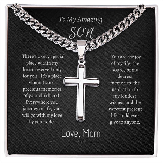 To My Son - Personalized Gift - Cuban Link Cross Necklace - Engraved Cross Pendant - Mother Son Gift - Gift for Son- Men's Gifts - Men's Jewelry