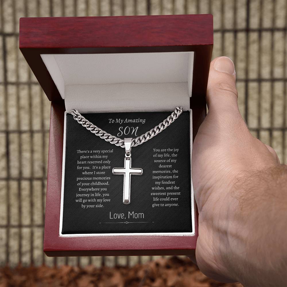 To My Son - Personalized Gift - Cuban Link Cross Necklace - Engraved Cross Pendant - Mother Son Gift - Gift for Son- Men's Gifts - Men's Jewelry
