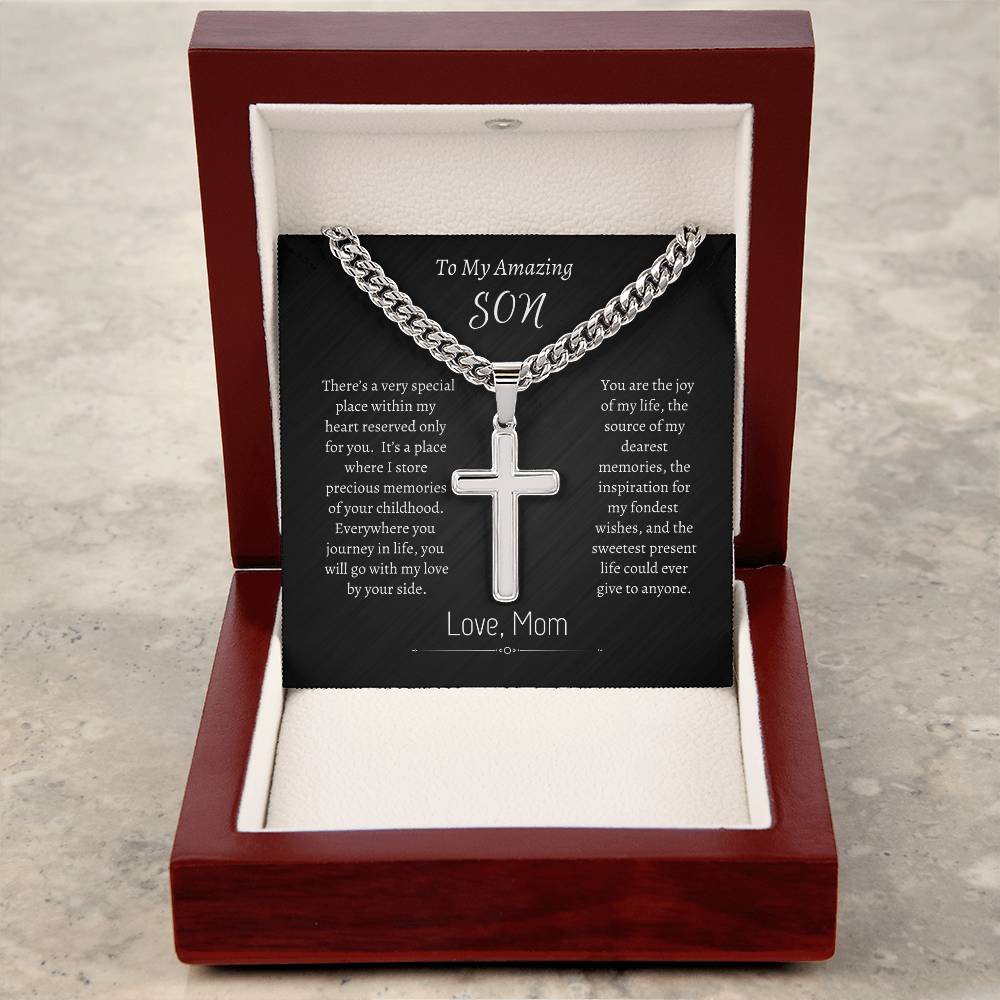 To My Son - Personalized Gift - Cuban Link Cross Necklace - Engraved Cross Pendant - Mother Son Gift - Gift for Son- Men's Gifts - Men's Jewelry