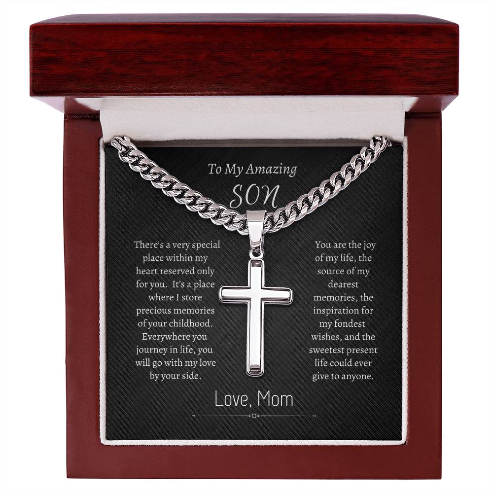 to my amazing son, cross necklace, cuban link cross necklace, cuban link chain, men's gifts, men's jewelry, mother son gift