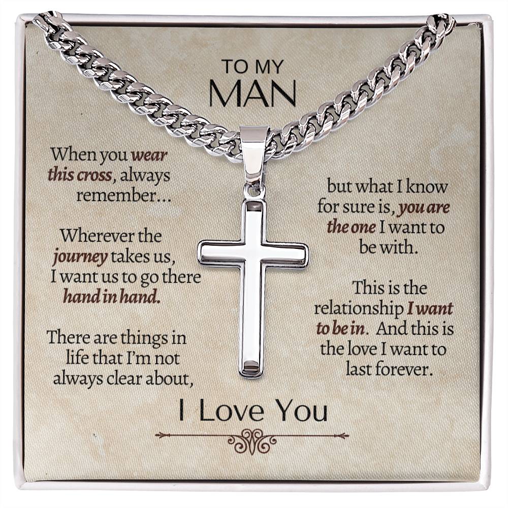 My Man - Cross Necklace - Cuban Chain Necklace - Gift for Him - Artisan Cross Necklace for Him