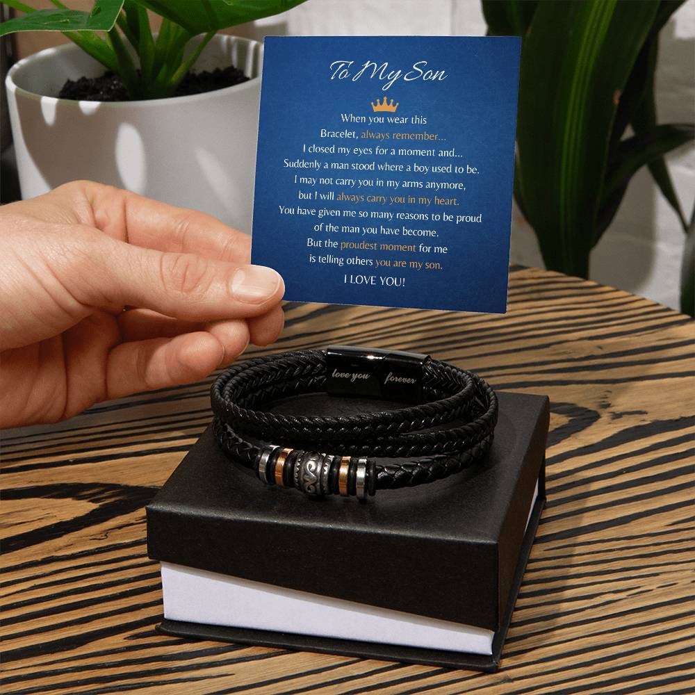 birthday gift for son, grown up son birthday gift, vegan leather bracelet, personalized bracelet from parents, message card, emotional gift for son from mom, to my son