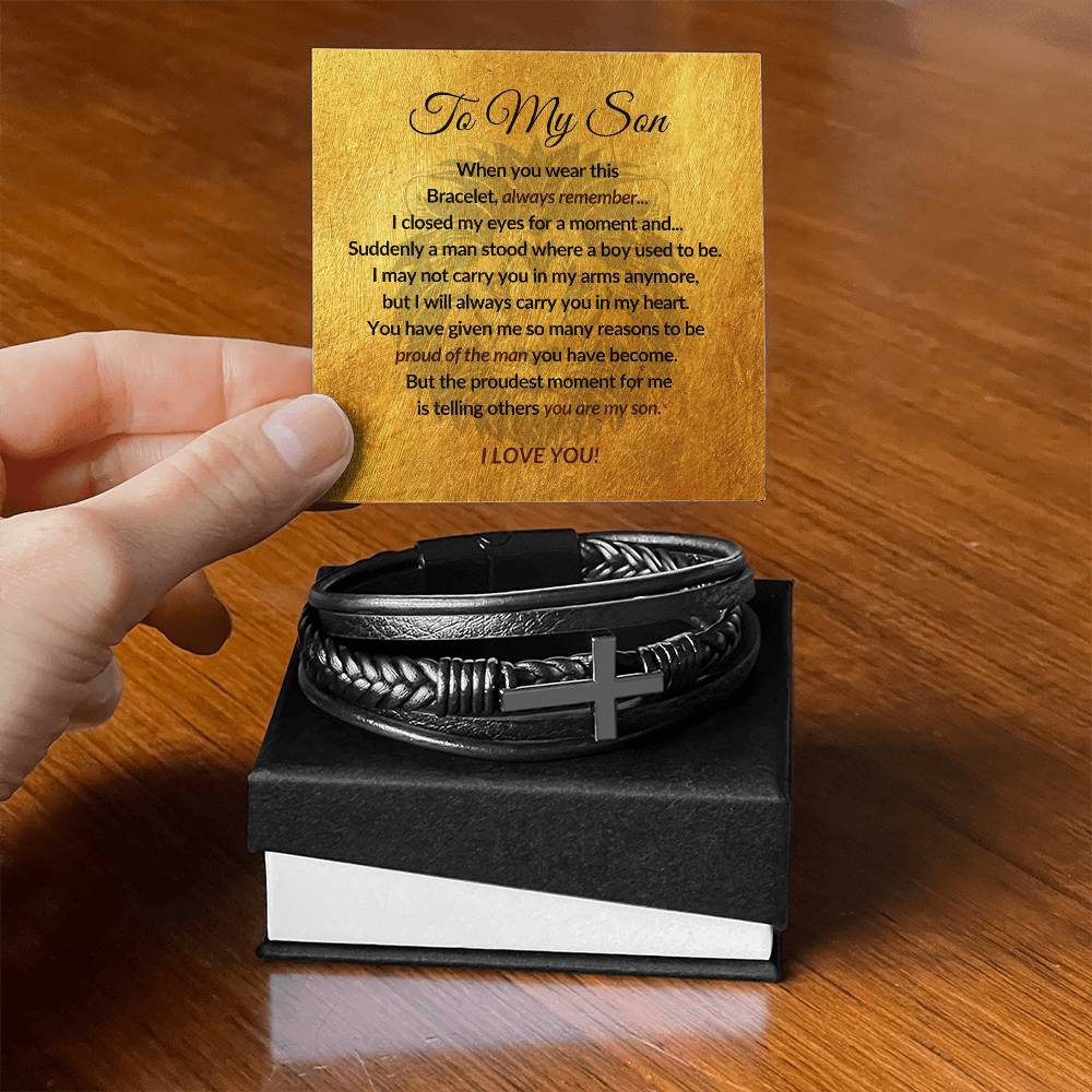 To My Son - Men's Cross Leather Bracelet - Mother Son Gift - Gift for Son - Vegan Leather
