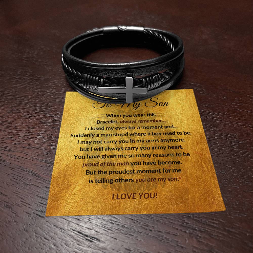To My Son - Men's Cross Leather Bracelet - Mother Son Gift - Gift for Son - Vegan Leather