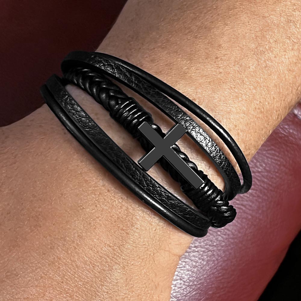 To My Son - Men's Cross Leather Bracelet - Mother Son Gift - Gift for Son - Vegan Leather