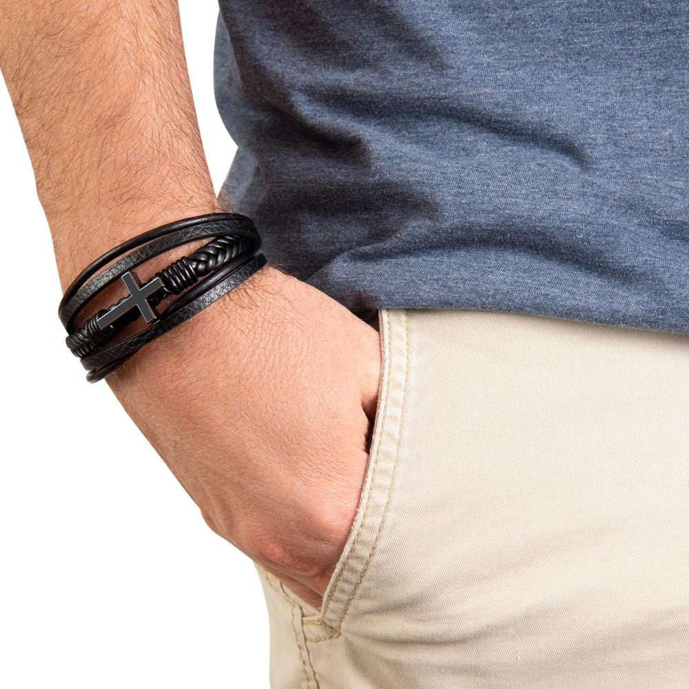 To My Son - Men's Cross Leather Bracelet - Mother Son Gift - Gift for Son - Vegan Leather