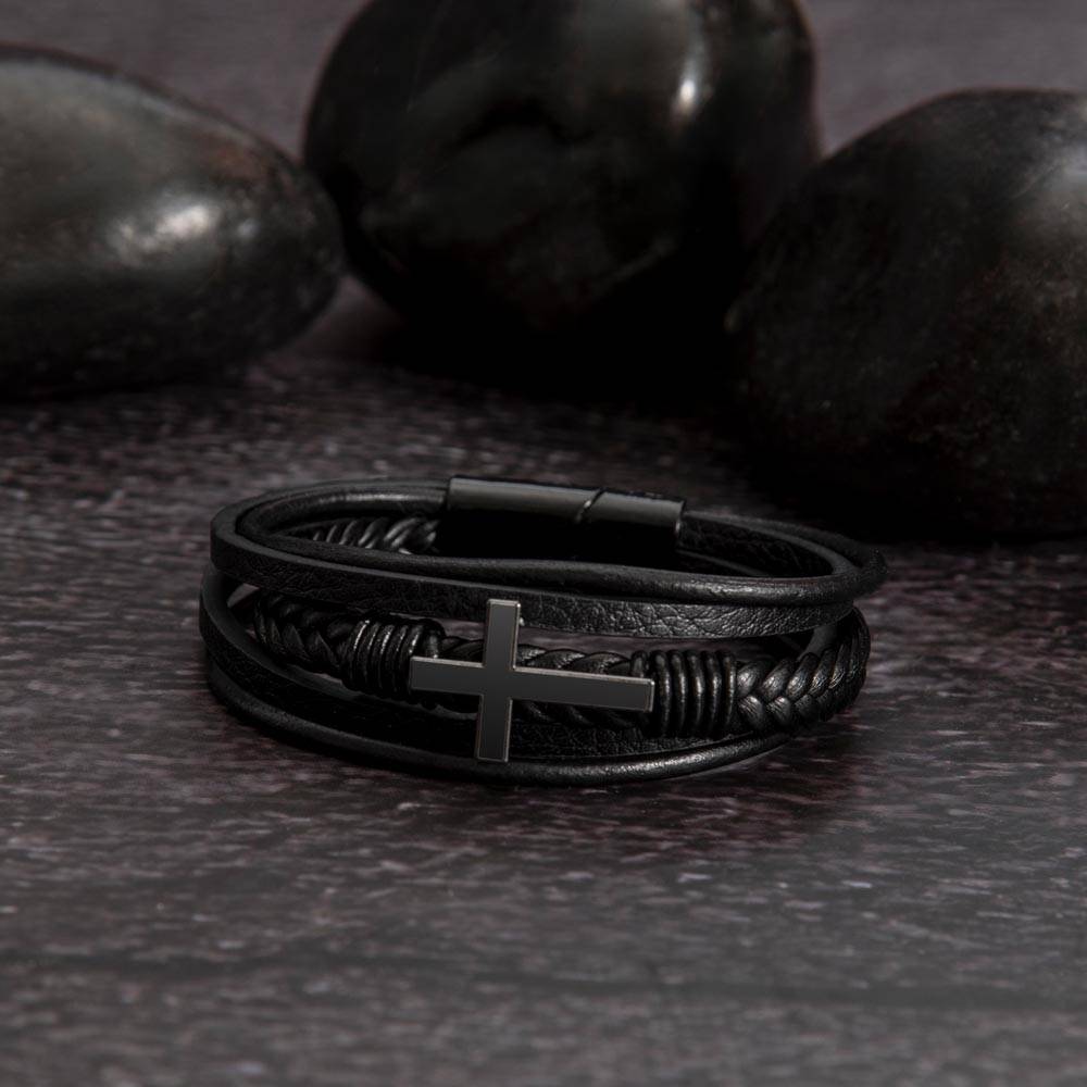To My Son - Men's Cross Leather Bracelet - Mother Son Gift - Gift for Son - Vegan Leather