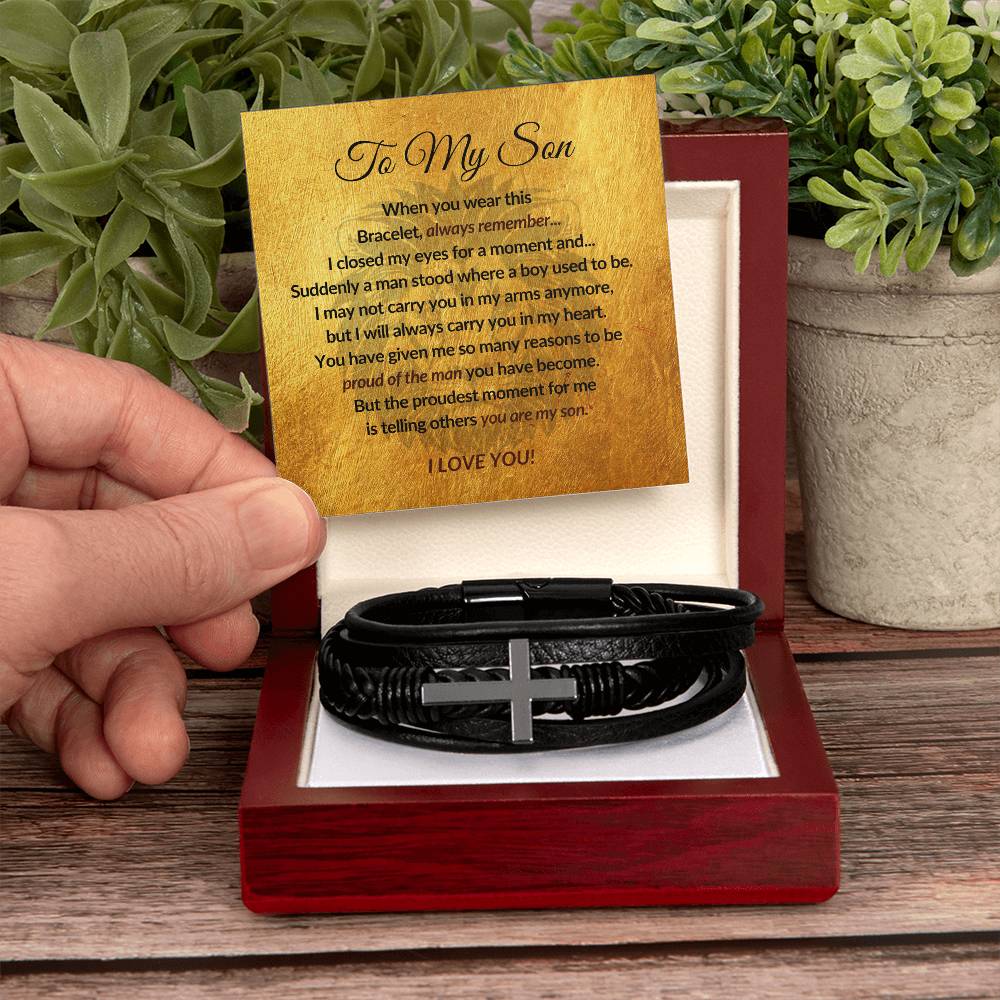 To My Son - Men's Cross Leather Bracelet - Mother Son Gift - Gift for Son - Vegan Leather