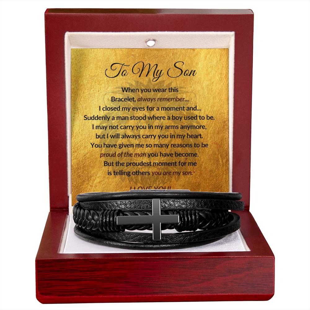 To My Son - Men's Cross Leather Bracelet - Mother Son Gift - Gift for Son - Vegan Leather