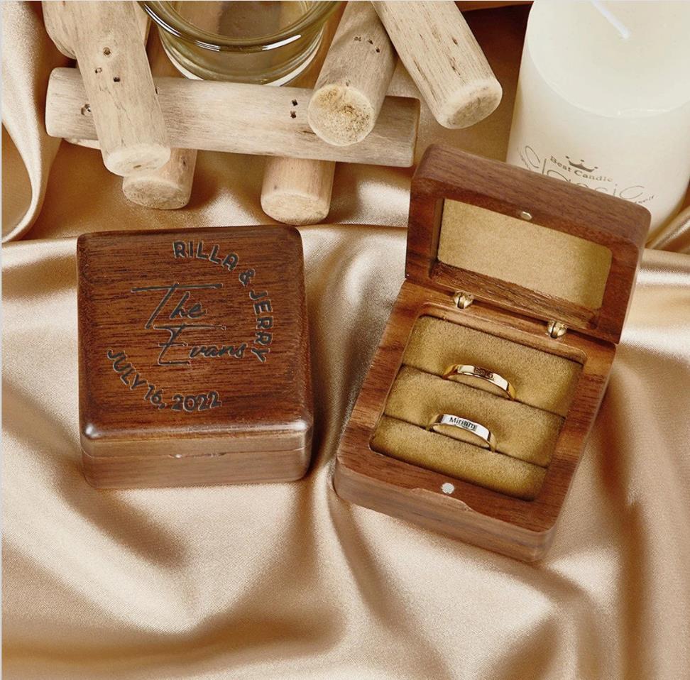 Square Wood Double Ring Box, Custom Wood Engraved Ring Box, Wedding Ring Box, Personalized Ring Box
