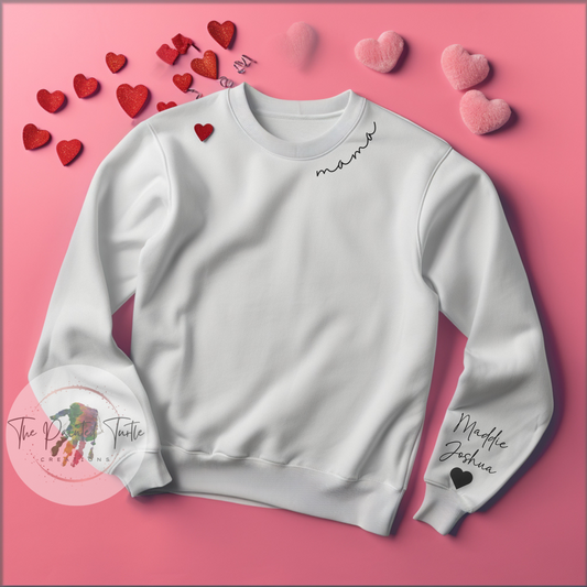 valentines gift for mom, mama gift, gift for her, mama sweatshirt with kids names on sleeve, name on sleeve, sweatshirt, comfortable, soft, custom, personalized sweatshirt, personalized gift