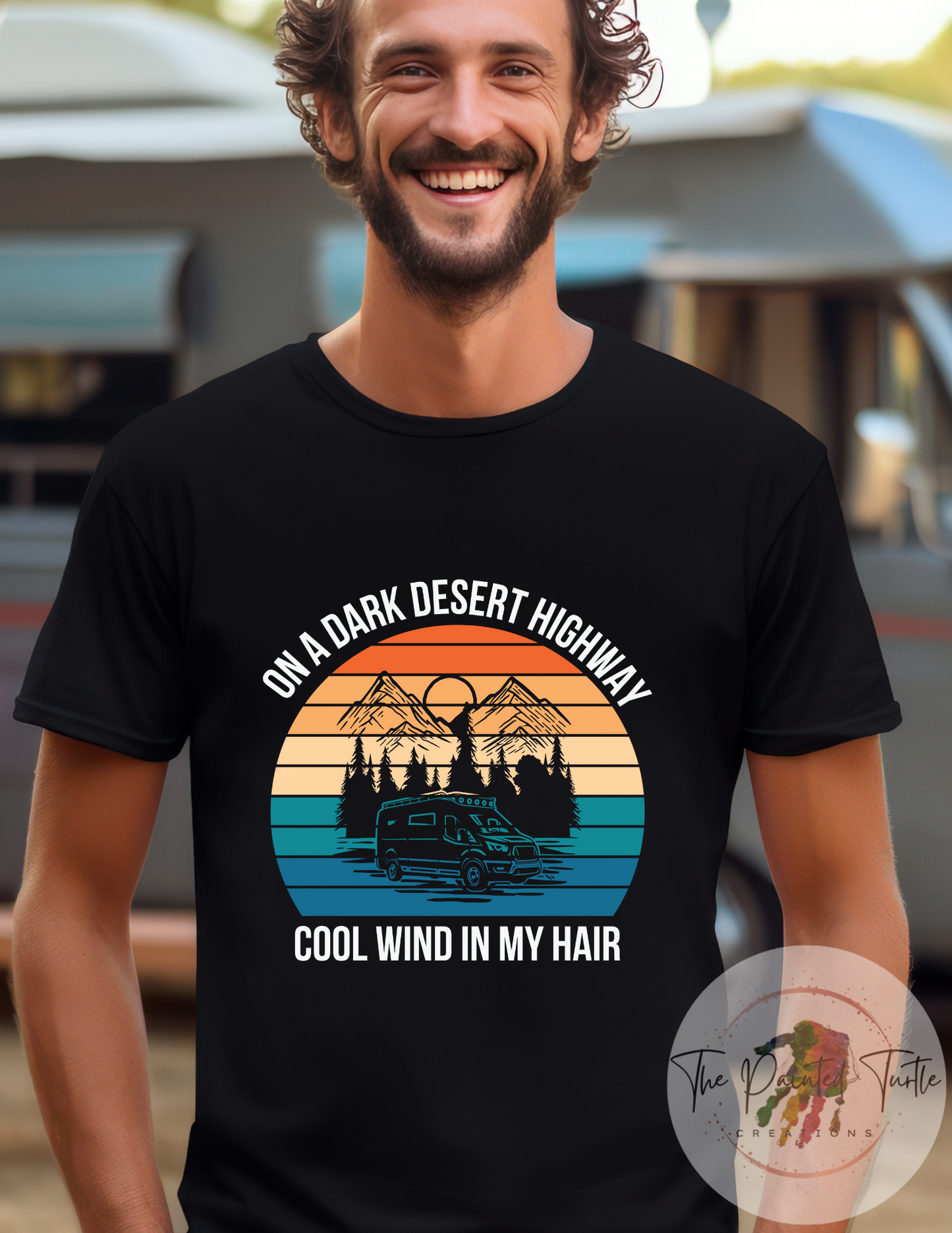 on a dark desert highway, cool wind in my hair camping shirt men's shirt