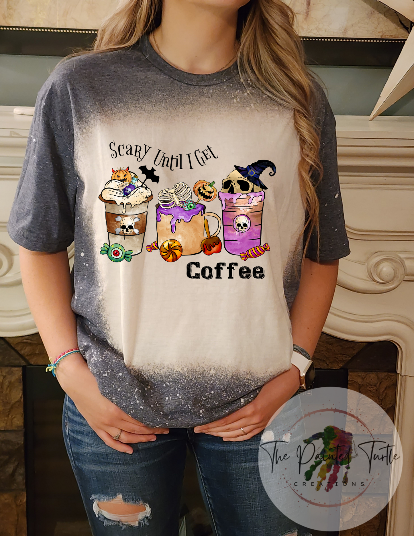 Halloween - Coffee - Scary Until I Get Coffee - Cute Bleached Sublimation Shirt
