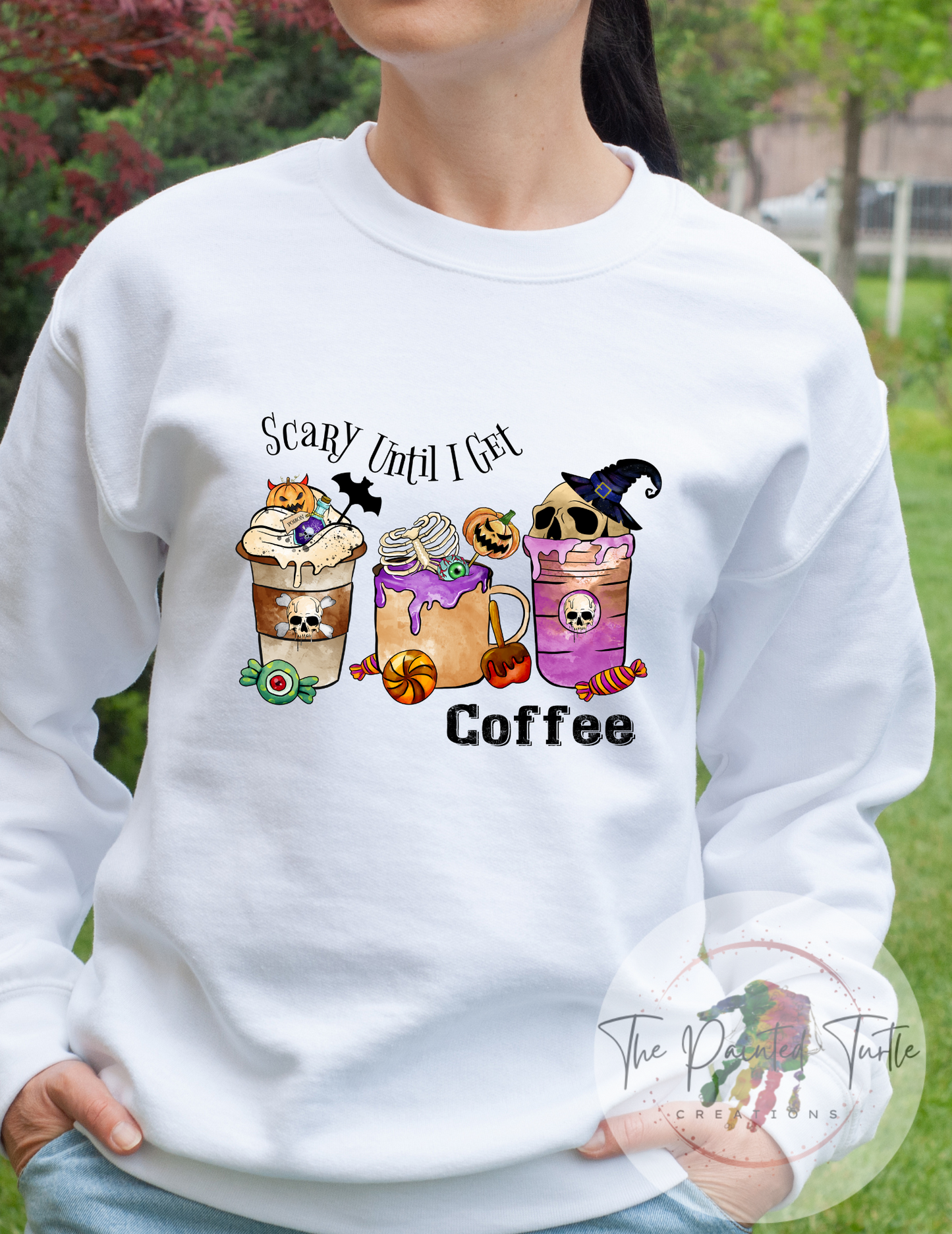 Halloween - Coffee - Scary Until I Get Coffee - Cute Bleached Sublimation Shirt