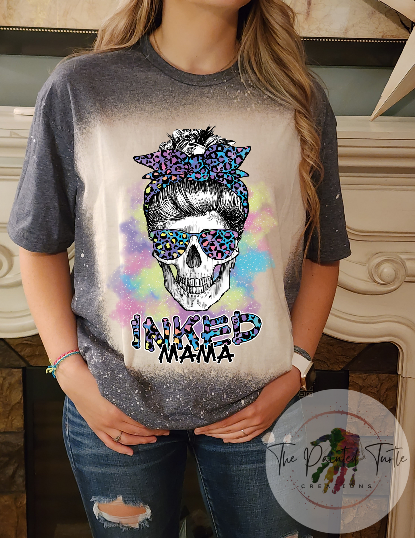 inked mama cheetah messy bun skeleton mama skeleton sublimation shirt