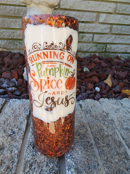 fall tumbler running on pumpkin spice and Jesus glitter tumbler stainless steel tumbler