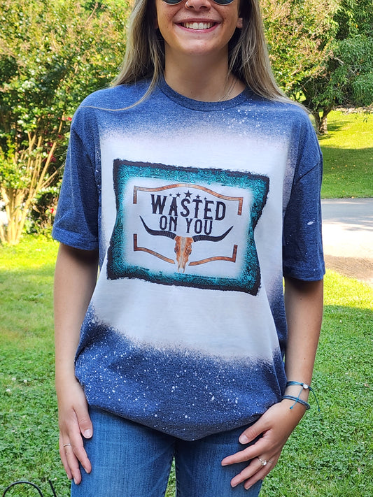 Wasted On You Turquoise Background Bull Skull - Sublimation Shirt