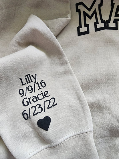 Personalized Mama Sweatshirt with Kids Names on Sleeve - New Mom Gift - Christmas Gift - Birthday Gift for Mom - Minimalist Cool Mom Sweatshirt - Mothers Day Gift - Gift for Her