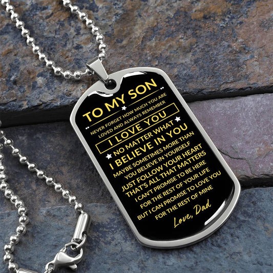 gift for son, personalized dog tag, custom dog tag necklace, ball chain necklace, gift from dad, gift for him, men's jewelry - son, never forget how much you are loved