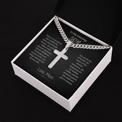 To My Son - Personalized Gift - Cuban Link Cross Necklace - Engraved Cross Pendant - Mother Son Gift - Gift for Son- Men's Gifts - Men's Jewelry