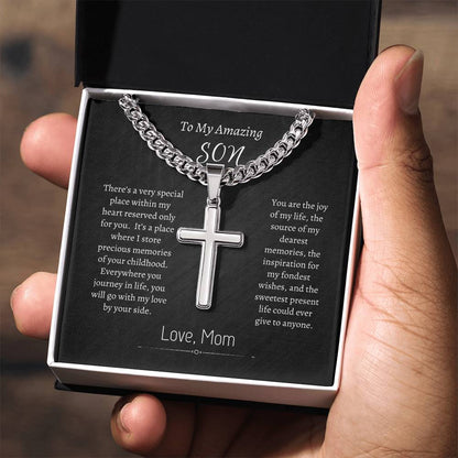 To My Son - Personalized Gift - Cuban Link Cross Necklace - Engraved Cross Pendant - Mother Son Gift - Gift for Son- Men's Gifts - Men's Jewelry