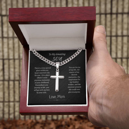 To My Son - Personalized Gift - Cuban Link Cross Necklace - Engraved Cross Pendant - Mother Son Gift - Gift for Son- Men's Gifts - Men's Jewelry