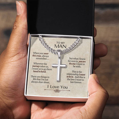 My Man - Cross Necklace - Cuban Chain Necklace - Gift for Him - Artisan Cross Necklace for Him