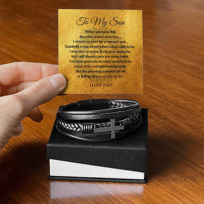 To My Son - Men's Cross Leather Bracelet - Mother Son Gift - Gift for Son - Vegan Leather