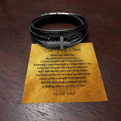To My Son - Men's Cross Leather Bracelet - Mother Son Gift - Gift for Son - Vegan Leather