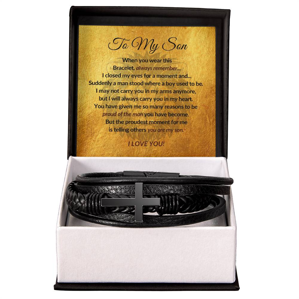 To My Son - Men's Cross Leather Bracelet - Mother Son Gift - Gift for Son - Vegan Leather