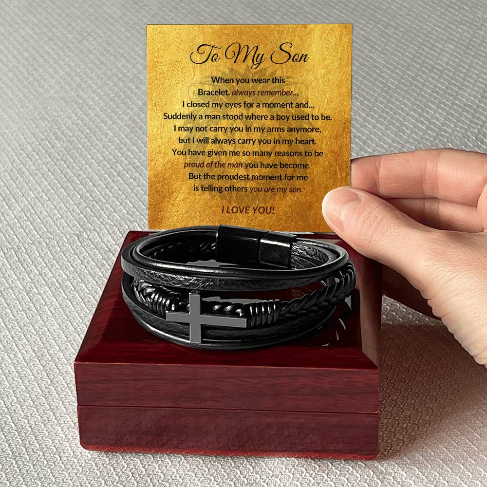 To My Son - Men's Cross Leather Bracelet - Mother Son Gift - Gift for Son - Vegan Leather