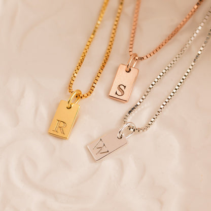 Dainty Initial Tag Necklace - Custom Engraved - Letter Pendant Necklace in Box Chain - Gift For Her -Bridesmaid Gifts - Christmas Gift