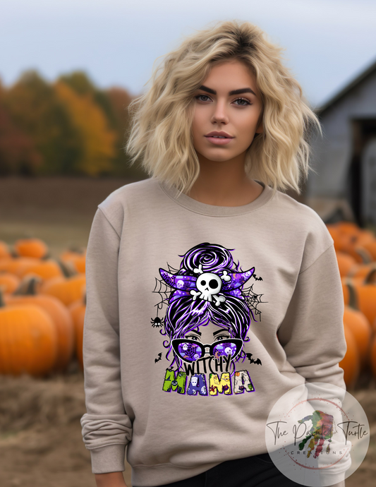 witchy mama halloween messy bun skeleton sublimation shirt