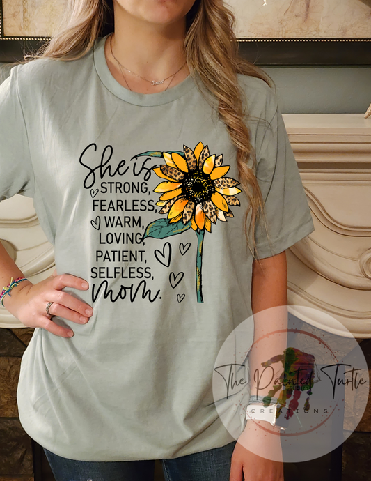 she is strong fearless warm loving patient selfless mom sunflower sublimation shirt