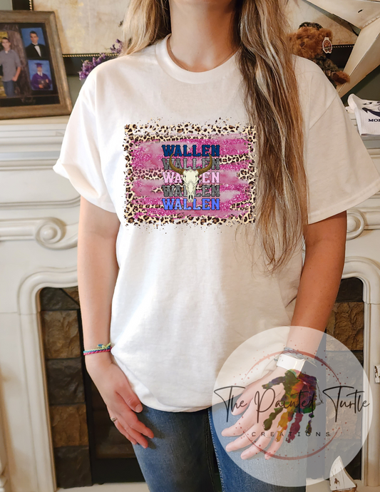 wallen blue writing morgan wallen bull skull pink cheetah background sublimation shirt